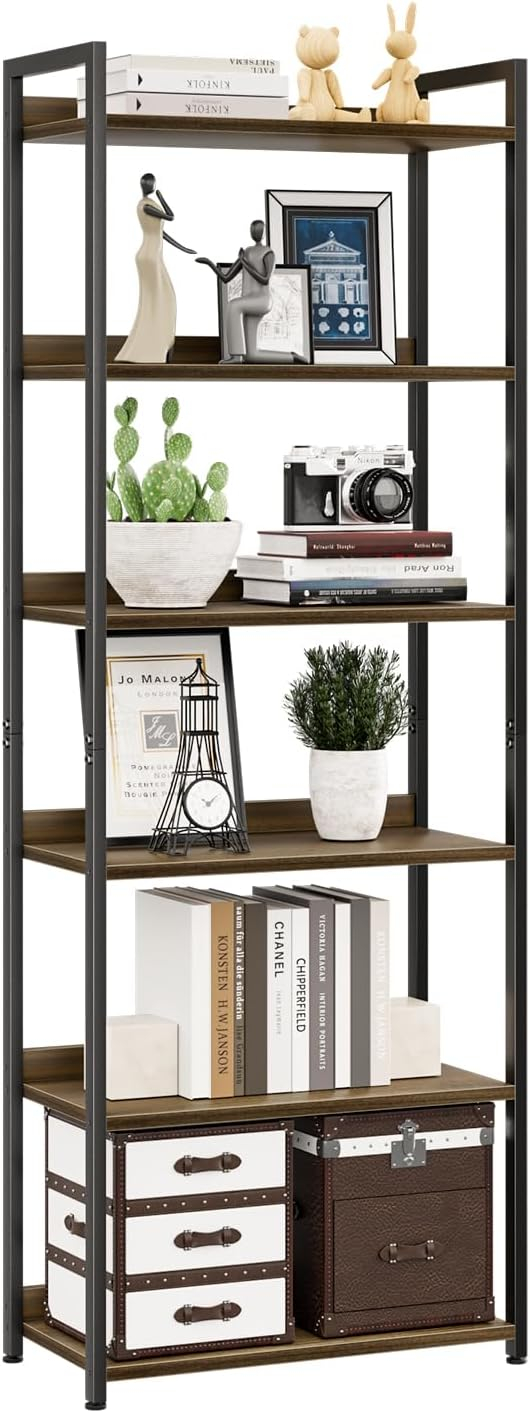 NUMENN Bookshelf, 5 Tier Bookshelves, Home Office Bookcase Shelf Storage Organizer, Free Standing Storage Shelving Unit for Bedroom, Living Room and Home Office, Vintage