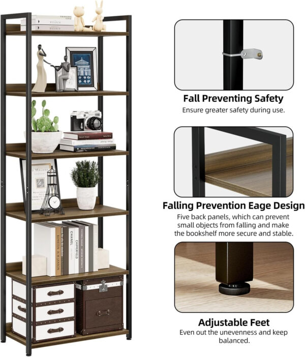 NUMENN Bookshelf, 5 Tier Bookshelves, Home Office Bookcase Shelf Storage Organizer, Free Standing Storage Shelving Unit for Bedroom, Living Room and Home Office, Vintage