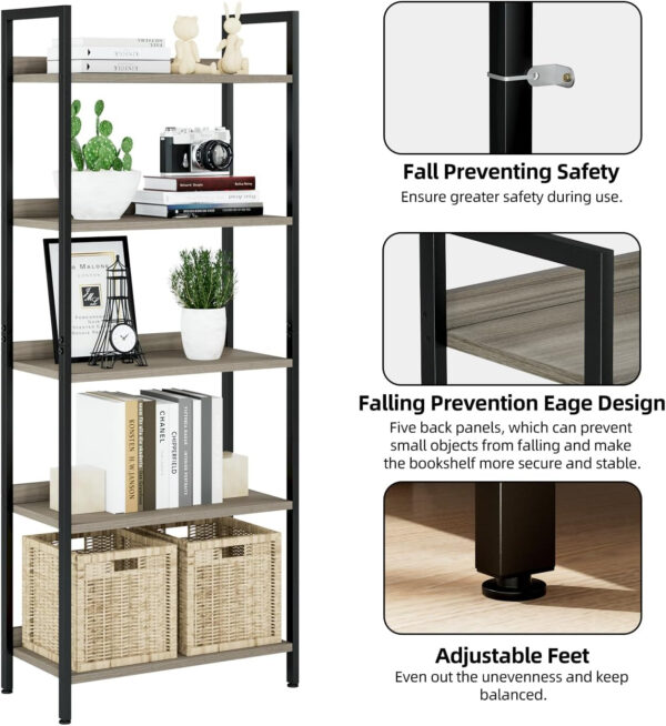 NUMENN Bookshelf, 5 Tier Bookshelves, Home Office Bookcase Shelf Storage Organizer, Free Standing Storage Shelving Unit for Bedroom, Living Room and Home Office, Vintage