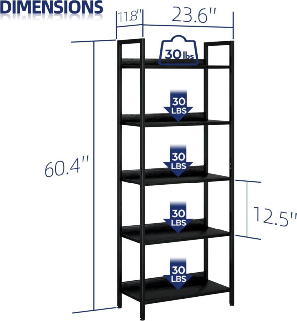 NUMENN Bookshelf, 5 Tier Bookshelves, Home Office Bookcase Shelf Storage Organizer, Free Standing Storage Shelving Unit for Bedroom, Living Room and Home Office, Vintage