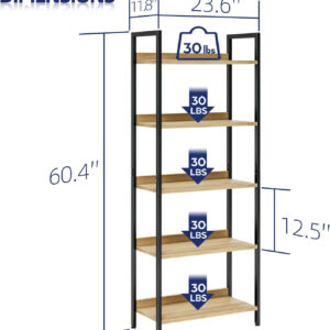 NUMENN Bookshelf, 5 Tier Bookshelves, Home Office Bookcase Shelf Storage Organizer, Free Standing Storage Shelving Unit for Bedroom, Living Room and Home Office, Vintage