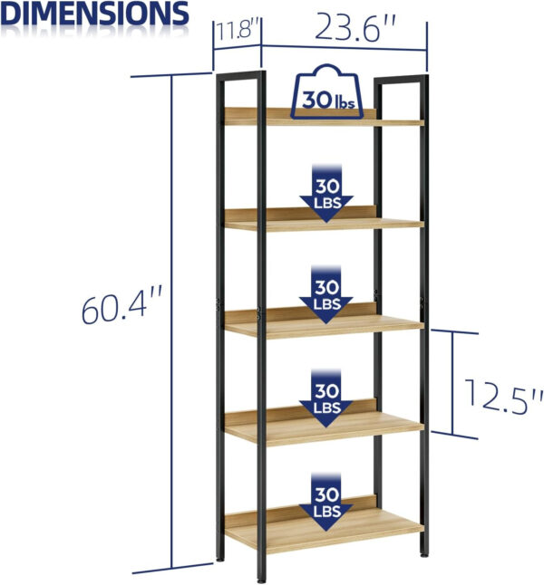 NUMENN Bookshelf, 5 Tier Bookshelves, Home Office Bookcase Shelf Storage Organizer, Free Standing Storage Shelving Unit for Bedroom, Living Room and Home Office, Vintage