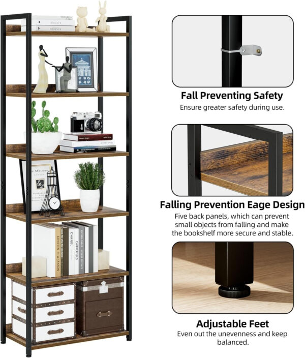 NUMENN Bookshelf, 5 Tier Bookshelves, Home Office Bookcase Shelf Storage Organizer, Free Standing Storage Shelving Unit for Bedroom, Living Room and Home Office, Vintage