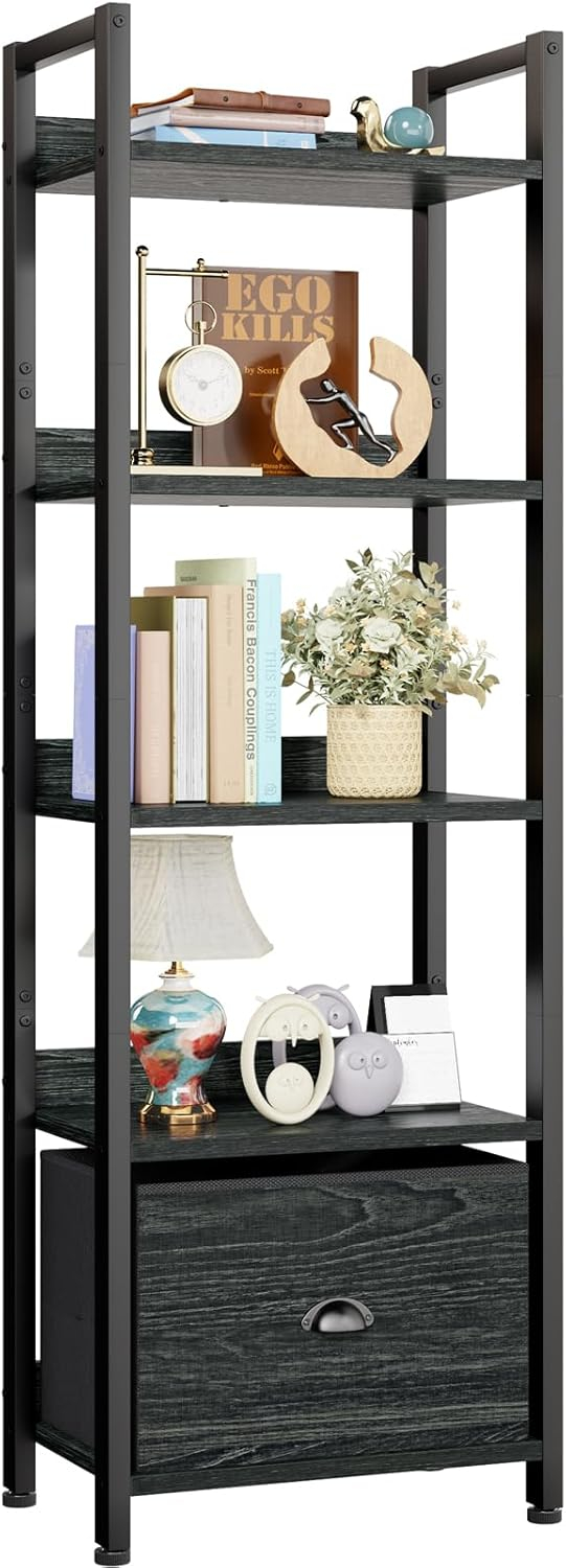 Furologee 5 Tier Bookshelf with Drawer, Tall Narrow Bookcase with Shelves, Wood and Metal Bookshelves Storage Organizer, Industrial Display Standing Shelf Unit for Bedroom, Living Room, Rustic Brown