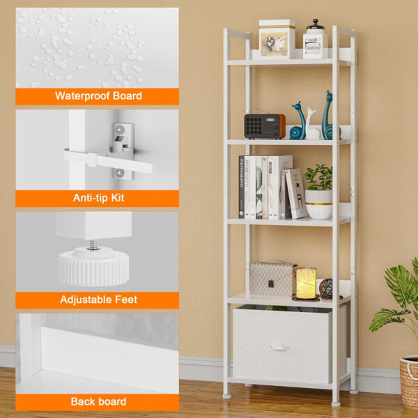 Furologee 5 Tier Bookshelf with Drawer, Tall Narrow Bookcase with Shelves, Wood and Metal Bookshelves Storage Organizer, Industrial Display Standing Shelf Unit for Bedroom, Living Room, Rustic Brown