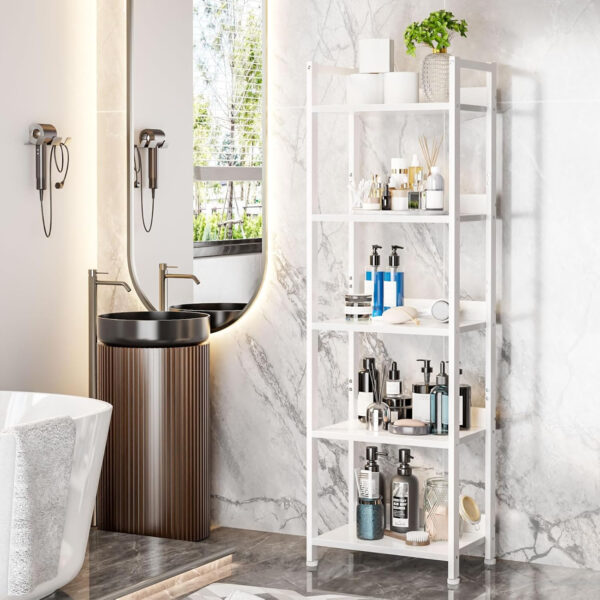 Furologee 5 Tier Bookshelf with Drawer, Tall Narrow Bookcase with Shelves, Wood and Metal Bookshelves Storage Organizer, Industrial Display Standing Shelf Unit for Bedroom, Living Room, Rustic Brown