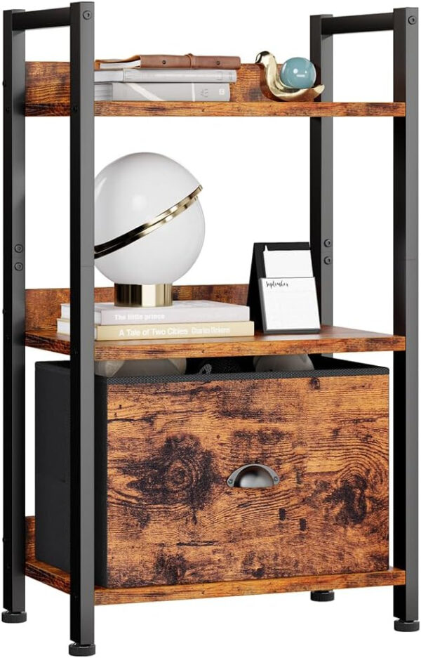 Furologee 5 Tier Bookshelf with Drawer, Tall Narrow Bookcase with Shelves, Wood and Metal Bookshelves Storage Organizer, Industrial Display Standing Shelf Unit for Bedroom, Living Room, Rustic Brown