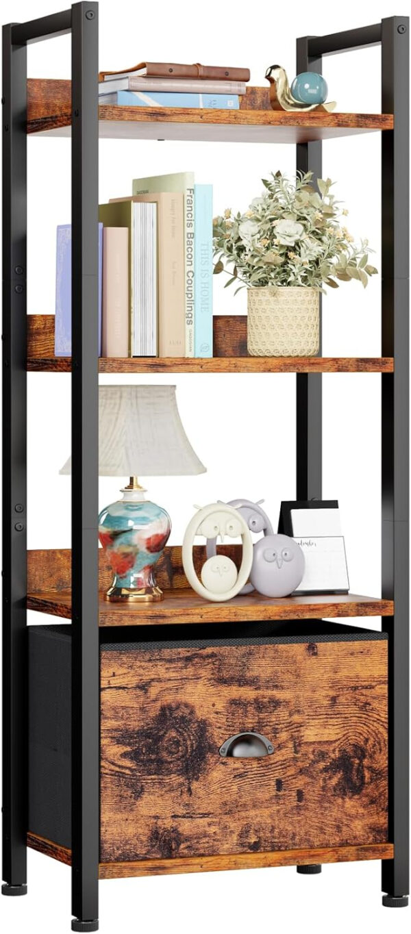 Furologee 5 Tier Bookshelf with Drawer, Tall Narrow Bookcase with Shelves, Wood and Metal Bookshelves Storage Organizer, Industrial Display Standing Shelf Unit for Bedroom, Living Room, Rustic Brown