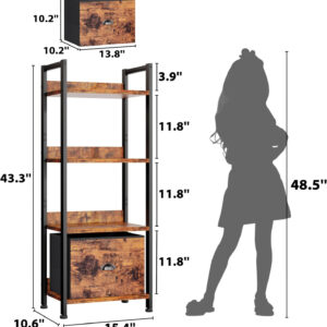 Furologee 5 Tier Bookshelf with Drawer, Tall Narrow Bookcase with Shelves, Wood and Metal Bookshelves Storage Organizer, Industrial Display Standing Shelf Unit for Bedroom, Living Room, Rustic Brown