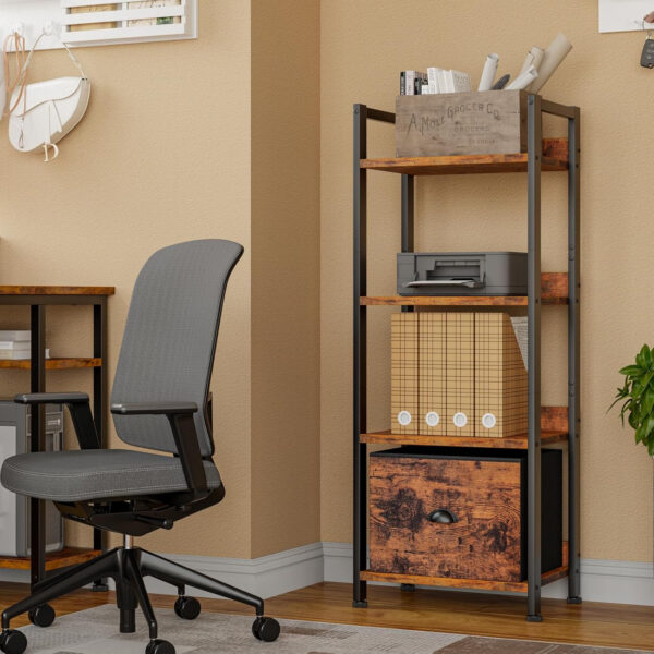 Furologee 5 Tier Bookshelf with Drawer, Tall Narrow Bookcase with Shelves, Wood and Metal Bookshelves Storage Organizer, Industrial Display Standing Shelf Unit for Bedroom, Living Room, Rustic Brown