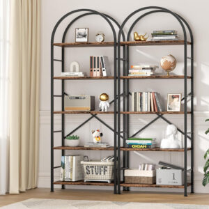 68874a7851cc6ee722694ff2519503a6f36bca2d08ca7ca3f96f8.jpg Shintenchi Bookshelf, Arched Bookshelf 5 Tier Bookcase, Tall Shelf for CDs/Books, Home Office Shelf Storage Organizer, Modern Book Shelf for Bedroom/Living Room, Rustic Brown