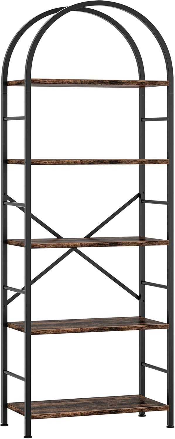 68874a7d7a397426ed3b03177771b881ab8901d7cedb12dc73c53.jpg Shintenchi Bookshelf, Arched Bookshelf 5 Tier Bookcase, Tall Shelf for CDs/Books, Home Office Shelf Storage Organizer, Modern Book Shelf for Bedroom/Living Room, Rustic Brown
