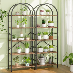 68874a7f83456ff35ca4db21fa24eb3f366bc7e25f7f6b08f459e.jpg Shintenchi Bookshelf, Arched Bookshelf 5 Tier Bookcase, Tall Shelf for CDs/Books, Home Office Shelf Storage Organizer, Modern Book Shelf for Bedroom/Living Room, Rustic Brown