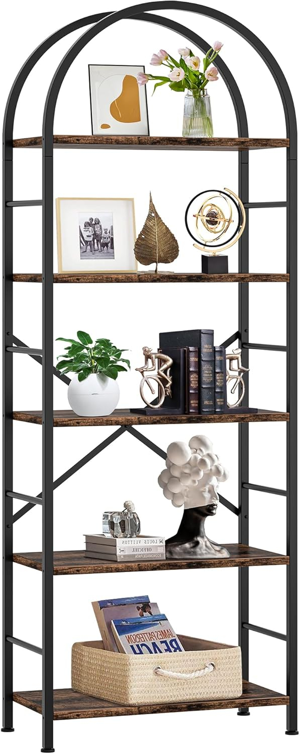 68874a80cac9b45e996ac6e3bcbf6444b06e1e304ef75a08e80c9.jpg Shintenchi Bookshelf, Arched Bookshelf 5 Tier Bookcase, Tall Shelf for CDs/Books, Home Office Shelf Storage Organizer, Modern Book Shelf for Bedroom/Living Room, Rustic Brown