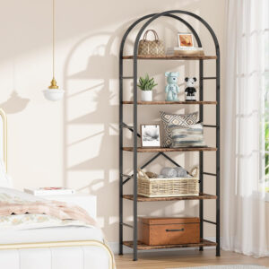 68874a81a3127fe10eb1e7931bb72b973035b197ca23c1c626bb5.jpg Shintenchi Bookshelf, Arched Bookshelf 5 Tier Bookcase, Tall Shelf for CDs/Books, Home Office Shelf Storage Organizer, Modern Book Shelf for Bedroom/Living Room, Rustic Brown