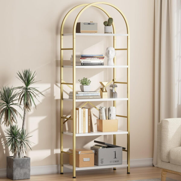 68874a8462d9fbba336d665061c18662e81c710fd9d5c400e4de8.jpg Shintenchi Bookshelf, Arched Bookshelf 5 Tier Bookcase, Tall Shelf for CDs/Books, Home Office Shelf Storage Organizer, Modern Book Shelf for Bedroom/Living Room, Rustic Brown