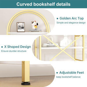 68874a87110e9b52d09c359c1b72b60c75a97c3f0b46fe67b9076.jpg Shintenchi Bookshelf, Arched Bookshelf 5 Tier Bookcase, Tall Shelf for CDs/Books, Home Office Shelf Storage Organizer, Modern Book Shelf for Bedroom/Living Room, Rustic Brown