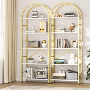 68874a88534d340bf029a40b3d0ae28418d8abd11da287bcf5558.jpg Shintenchi Bookshelf, Arched Bookshelf 5 Tier Bookcase, Tall Shelf for CDs/Books, Home Office Shelf Storage Organizer, Modern Book Shelf for Bedroom/Living Room, Rustic Brown