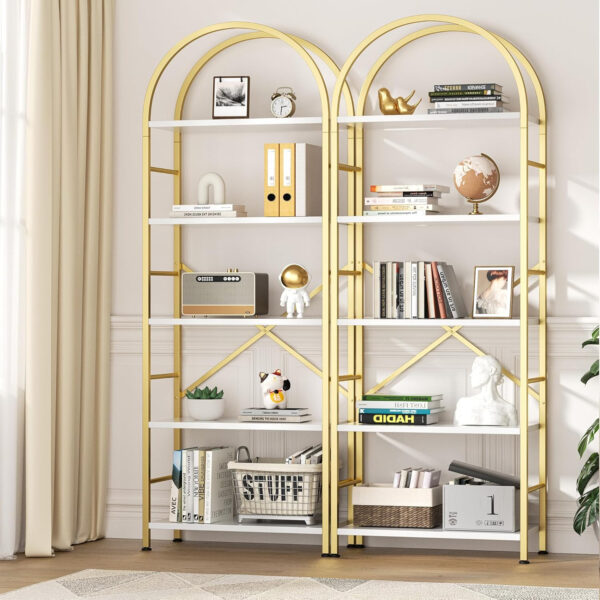 68874a88534d340bf029a40b3d0ae28418d8abd11da287bcf5558.jpg Shintenchi Bookshelf, Arched Bookshelf 5 Tier Bookcase, Tall Shelf for CDs/Books, Home Office Shelf Storage Organizer, Modern Book Shelf for Bedroom/Living Room, Rustic Brown