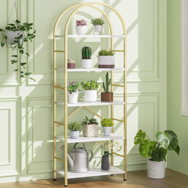 68874a8de0bcfaab46ca5b7cf81de22d5e9d0a0a76b406b7b951f.jpg Shintenchi Bookshelf, Arched Bookshelf 5 Tier Bookcase, Tall Shelf for CDs/Books, Home Office Shelf Storage Organizer, Modern Book Shelf for Bedroom/Living Room, Rustic Brown