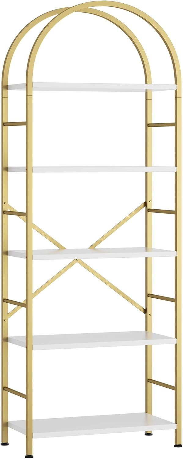 68874a8f4b6eda8ad56f74820d835d7e8779af3dc50b6179ed918.jpg Shintenchi Bookshelf, Arched Bookshelf 5 Tier Bookcase, Tall Shelf for CDs/Books, Home Office Shelf Storage Organizer, Modern Book Shelf for Bedroom/Living Room, Rustic Brown