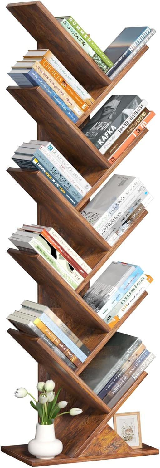 10 Tier Tree Book Shelf, Floor Standing Wood Bookshelf for Narrow Space, Storage Organizer Bookshelves for Books/CDs/Magazine, Bookcase with Shelves for Home Office, Living Room - Brown