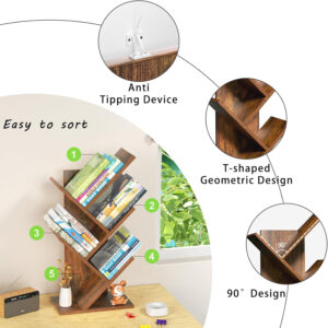 10 Tier Tree Book Shelf, Floor Standing Wood Bookshelf for Narrow Space, Storage Organizer Bookshelves for Books/CDs/Magazine, Bookcase with Shelves for Home Office, Living Room - Brown