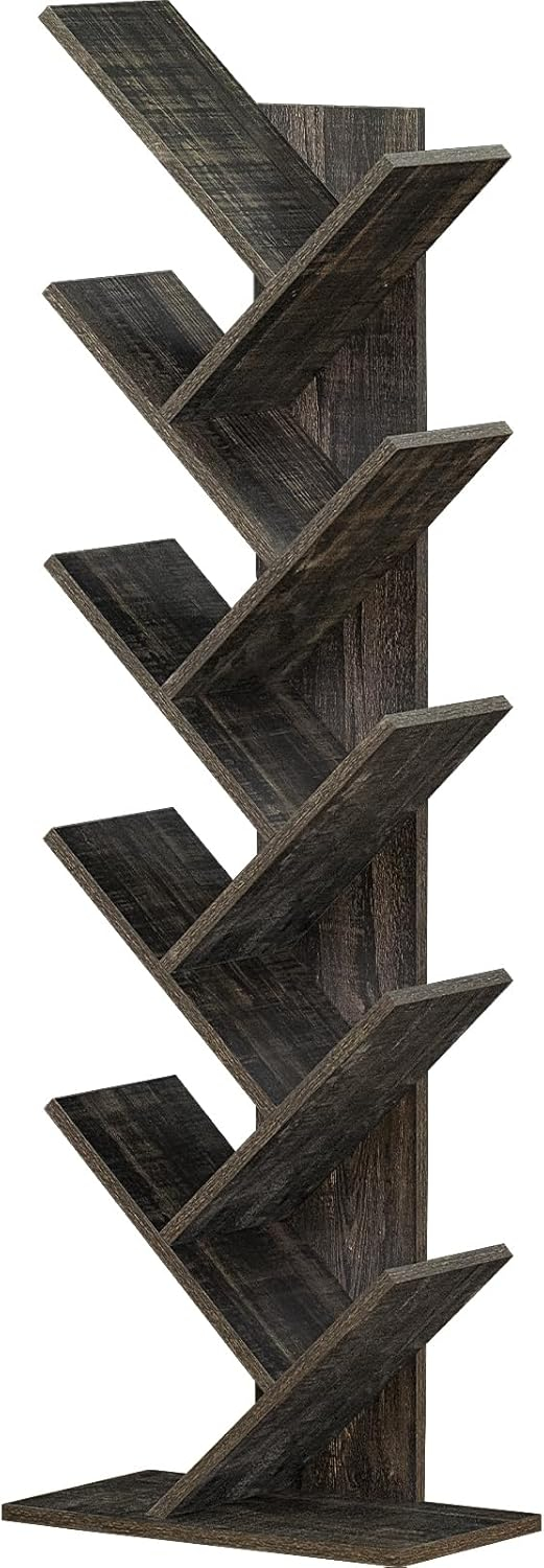 10 Tier Tree Book Shelf, Floor Standing Wood Bookshelf for Narrow Space, Storage Organizer Bookshelves for Books/CDs/Magazine, Bookcase with Shelves for Home Office, Living Room - Brown