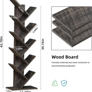 10 Tier Tree Book Shelf, Floor Standing Wood Bookshelf for Narrow Space, Storage Organizer Bookshelves for Books/CDs/Magazine, Bookcase with Shelves for Home Office, Living Room - Brown