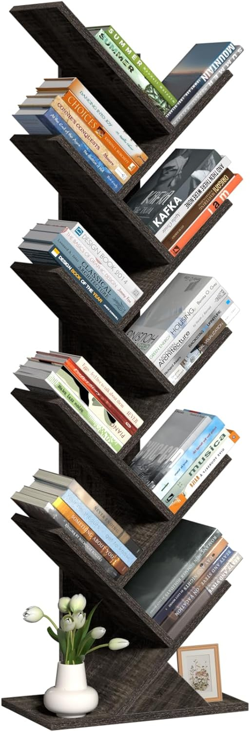 10 Tier Tree Book Shelf, Floor Standing Wood Bookshelf for Narrow Space, Storage Organizer Bookshelves for Books/CDs/Magazine, Bookcase with Shelves for Home Office, Living Room - Brown