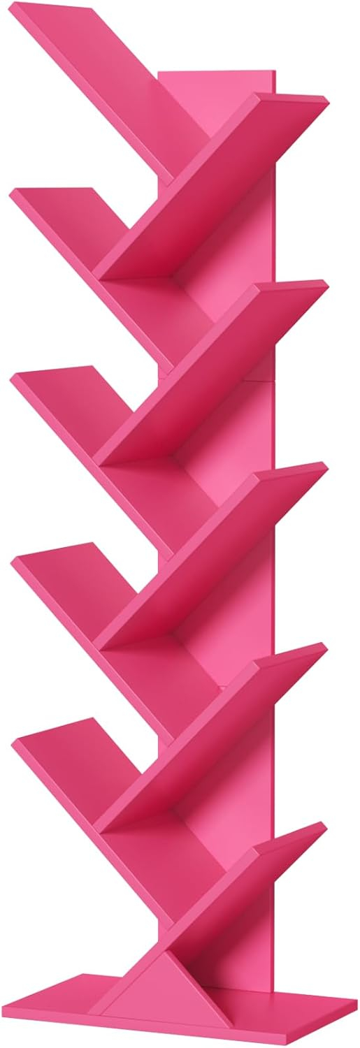 10 Tier Tree Book Shelf, Floor Standing Wood Bookshelf for Narrow Space, Storage Organizer Bookshelves for Books/CDs/Magazine, Bookcase with Shelves for Home Office, Living Room - Brown