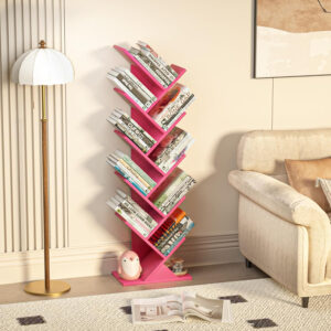 10 Tier Tree Book Shelf, Floor Standing Wood Bookshelf for Narrow Space, Storage Organizer Bookshelves for Books/CDs/Magazine, Bookcase with Shelves for Home Office, Living Room - Brown