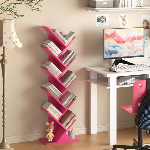 10 Tier Tree Book Shelf, Floor Standing Wood Bookshelf for Narrow Space, Storage Organizer Bookshelves for Books/CDs/Magazine, Bookcase with Shelves for Home Office, Living Room - Brown