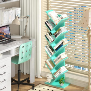 10 Tier Tree Book Shelf, Floor Standing Wood Bookshelf for Narrow Space, Storage Organizer Bookshelves for Books/CDs/Magazine, Bookcase with Shelves for Home Office, Living Room - Brown