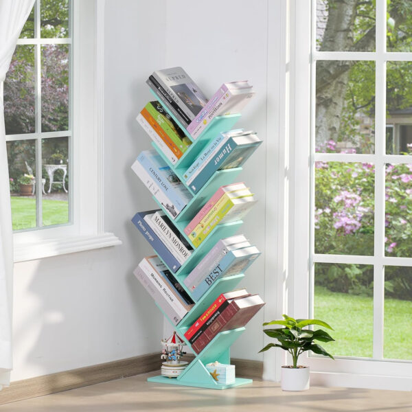 10 Tier Tree Book Shelf, Floor Standing Wood Bookshelf for Narrow Space, Storage Organizer Bookshelves for Books/CDs/Magazine, Bookcase with Shelves for Home Office, Living Room - Brown