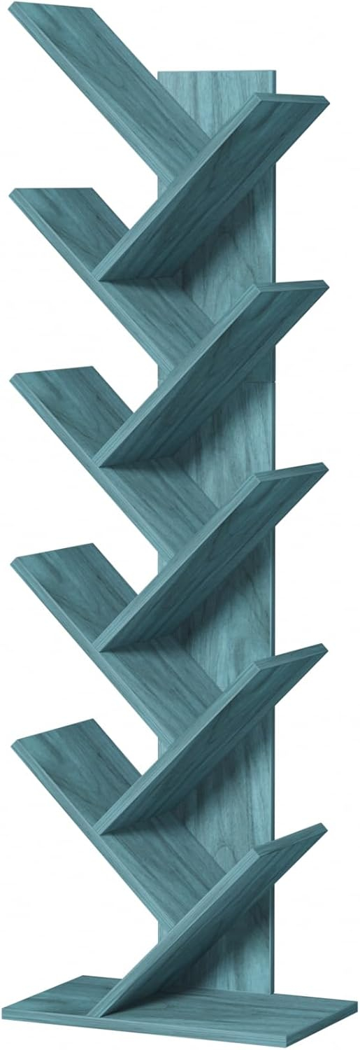 10 Tier Tree Book Shelf, Floor Standing Wood Bookshelf for Narrow Space, Storage Organizer Bookshelves for Books/CDs/Magazine, Bookcase with Shelves for Home Office, Living Room - Brown