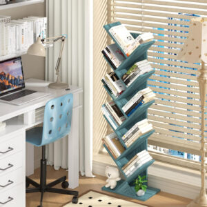 10 Tier Tree Book Shelf, Floor Standing Wood Bookshelf for Narrow Space, Storage Organizer Bookshelves for Books/CDs/Magazine, Bookcase with Shelves for Home Office, Living Room - Brown