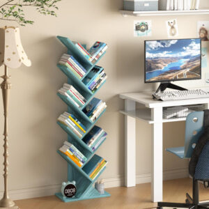 10 Tier Tree Book Shelf, Floor Standing Wood Bookshelf for Narrow Space, Storage Organizer Bookshelves for Books/CDs/Magazine, Bookcase with Shelves for Home Office, Living Room - Brown