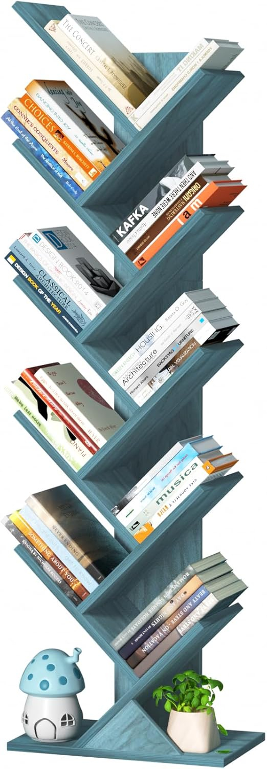 10 Tier Tree Book Shelf, Floor Standing Wood Bookshelf for Narrow Space, Storage Organizer Bookshelves for Books/CDs/Magazine, Bookcase with Shelves for Home Office, Living Room - Brown