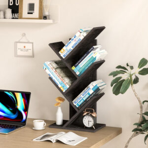 10 Tier Tree Book Shelf, Floor Standing Wood Bookshelf for Narrow Space, Storage Organizer Bookshelves for Books/CDs/Magazine, Bookcase with Shelves for Home Office, Living Room - Brown