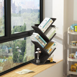 10 Tier Tree Book Shelf, Floor Standing Wood Bookshelf for Narrow Space, Storage Organizer Bookshelves for Books/CDs/Magazine, Bookcase with Shelves for Home Office, Living Room - Brown