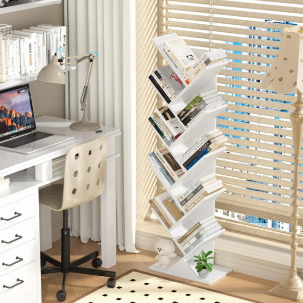 10 Tier Tree Book Shelf, Floor Standing Wood Bookshelf for Narrow Space, Storage Organizer Bookshelves for Books/CDs/Magazine, Bookcase with Shelves for Home Office, Living Room - Brown