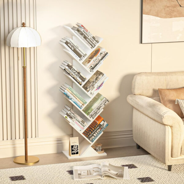 10 Tier Tree Book Shelf, Floor Standing Wood Bookshelf for Narrow Space, Storage Organizer Bookshelves for Books/CDs/Magazine, Bookcase with Shelves for Home Office, Living Room - Brown