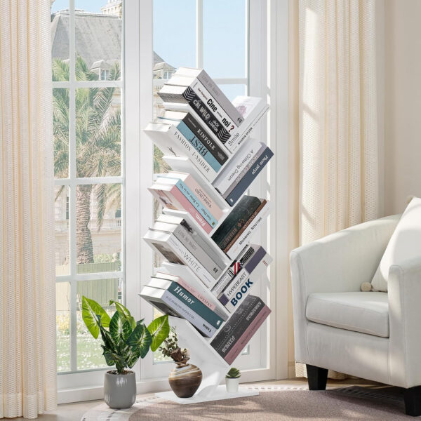 10 Tier Tree Book Shelf, Floor Standing Wood Bookshelf for Narrow Space, Storage Organizer Bookshelves for Books/CDs/Magazine, Bookcase with Shelves for Home Office, Living Room - Brown