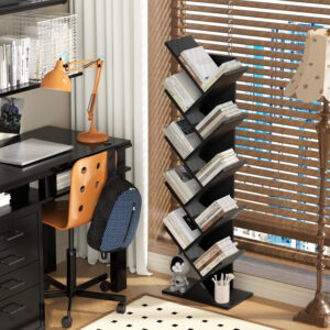 10 Tier Tree Book Shelf, Floor Standing Wood Bookshelf for Narrow Space, Storage Organizer Bookshelves for Books/CDs/Magazine, Bookcase with Shelves for Home Office, Living Room - Brown