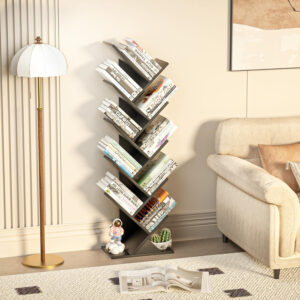 10 Tier Tree Book Shelf, Floor Standing Wood Bookshelf for Narrow Space, Storage Organizer Bookshelves for Books/CDs/Magazine, Bookcase with Shelves for Home Office, Living Room - Brown