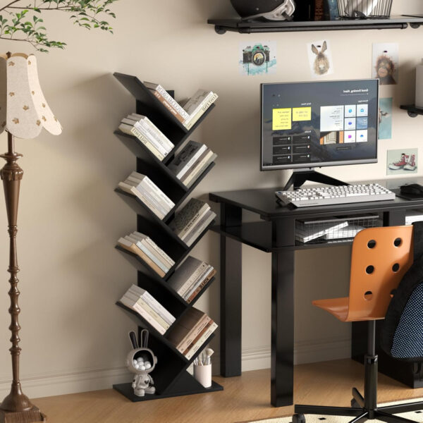 10 Tier Tree Book Shelf, Floor Standing Wood Bookshelf for Narrow Space, Storage Organizer Bookshelves for Books/CDs/Magazine, Bookcase with Shelves for Home Office, Living Room - Brown