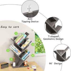 10 Tier Tree Book Shelf, Floor Standing Wood Bookshelf for Narrow Space, Storage Organizer Bookshelves for Books/CDs/Magazine, Bookcase with Shelves for Home Office, Living Room - Brown