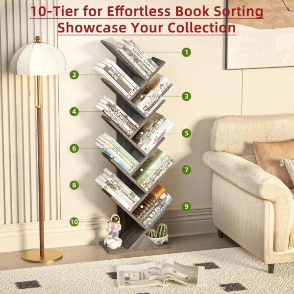 10 Tier Tree Book Shelf, Floor Standing Wood Bookshelf for Narrow Space, Storage Organizer Bookshelves for Books/CDs/Magazine, Bookcase with Shelves for Home Office, Living Room - Brown