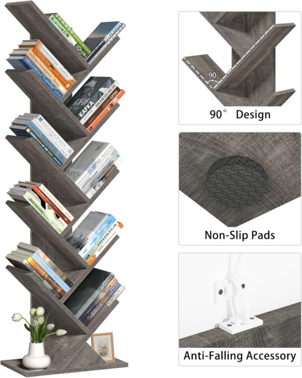 10 Tier Tree Book Shelf, Floor Standing Wood Bookshelf for Narrow Space, Storage Organizer Bookshelves for Books/CDs/Magazine, Bookcase with Shelves for Home Office, Living Room - Brown